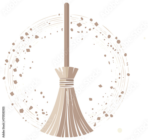 Broom Sweeping Dirt Decorative Circle Dust Particles Illustration Cleaning