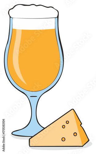 Refreshing golden beer with frothy head in a tulip glass next to a slice of Swiss cheese