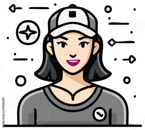 Smiling woman wearing a cap, looking at the viewer, with stylized design elements