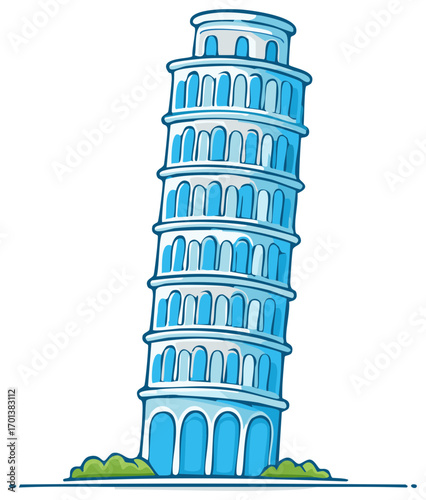 Cartoon Leaning Tower Landmark in Blue Illustration with Green Bushes at Base