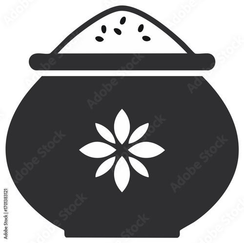 Earthen Pot Filled with Rice and Decorated with a Flower, Food Storage Illustration