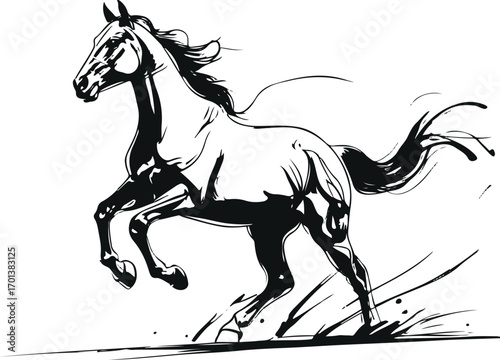single line drawing of a running horse, dynamic pose, black stroke, white background, minimalist abstract style 3.