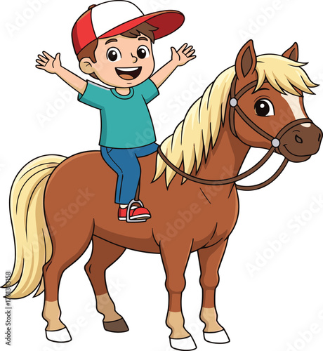 Happy child riding horse, cartoon illustration, outdoor adventure, kids activity, joyful moment, animal friendship, countryside fun, playful scene, smiling boy, equestrian joy