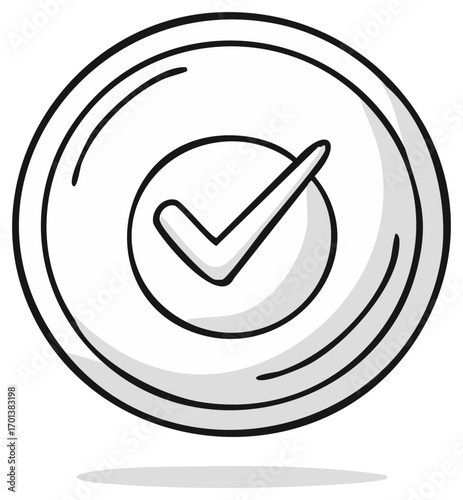 Check mark icon inside a circle in black and white with shadow, simple design