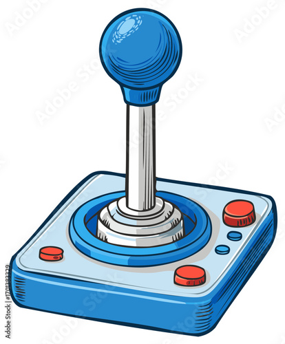 Retro game console joystick with a blue handle, red buttons, and a classic design.