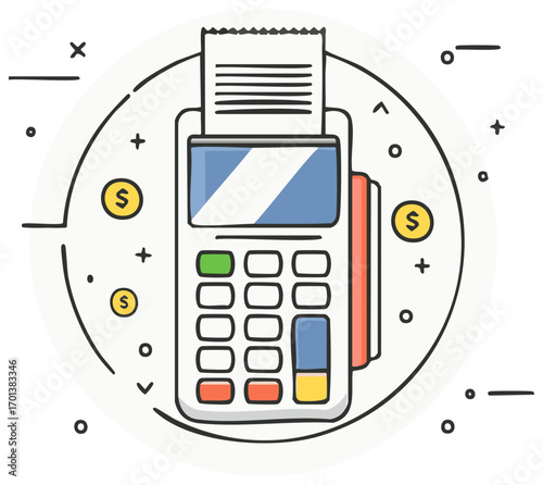 Cartoon illustration of a point of sale machine with receipt and currency coins