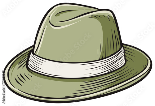 Classic green fedora hat illustration with a white band vintage style accessory design element
