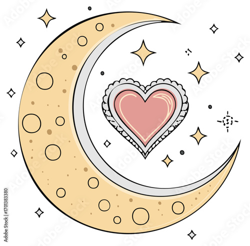 Crescent moon cradling heart and star shapes, dreamy illustration.