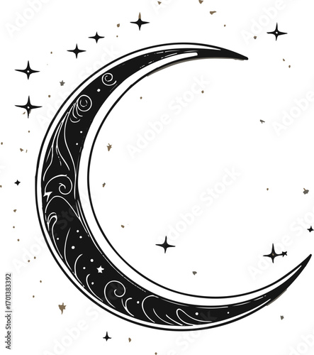 continuous line art of crescent moon with stars, black outline, white background, dreamy night vibe 1