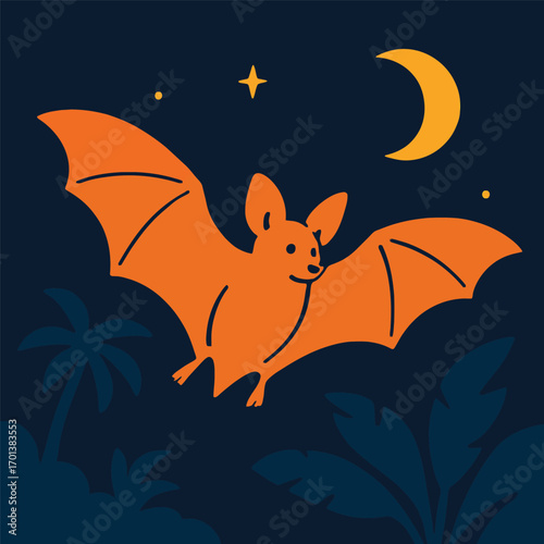 An orange bat flying at night under a crescent moon and stars with tropical foliage silhouettes.
