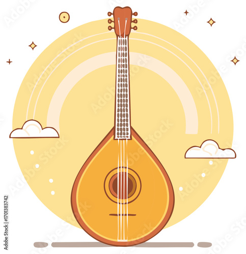 Mandolin musical instrument with sun rays and clouds in a whimsical flat design
