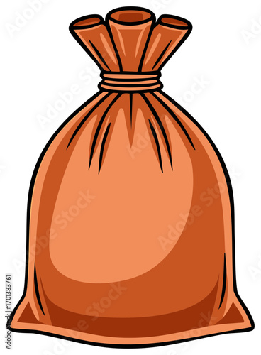 Cartoon illustration of an orange bag filled with supplies, tightly tied at the top