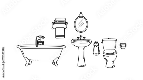 Collection of bathroom essentials in line art style