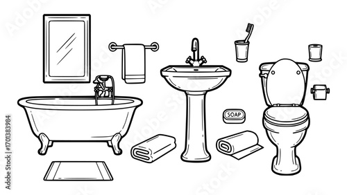 Line art illustration of bathroom fixtures and accessories
