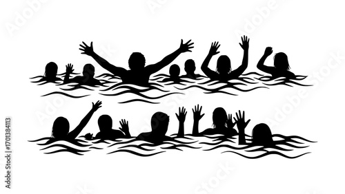 Silhouette of people drowning in water with hands raised