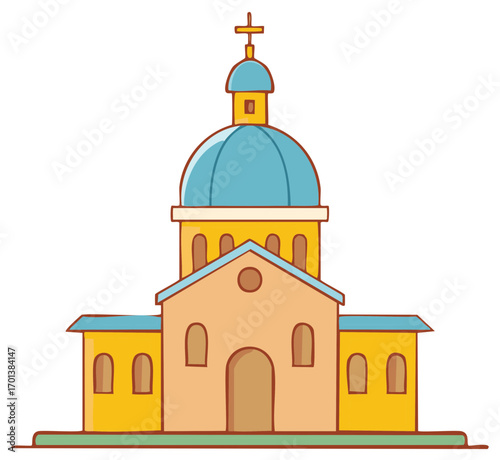 Cartoon church illustration featuring classic architectural details with a dome and cross vector