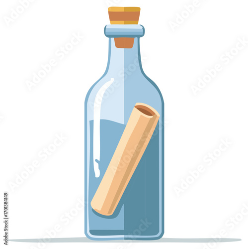 Message in a bottle with rolled paper inside and cork stopper symbolizing communication and sealed secrets