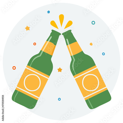Cheers with beer bottles. Illustration of a celebration and friendship.