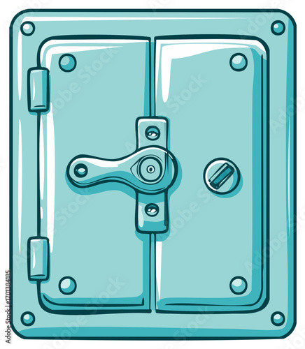 Square Metal Door with Lock, Handle, Hinges, and Bolts in Aqua Blue Hue, Security and Access
