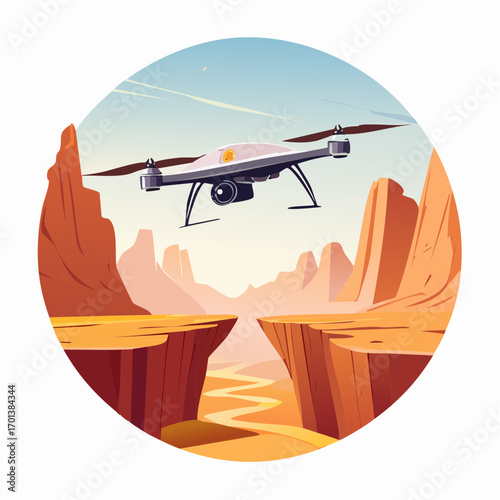 A modern quadcopter drone flying over a vast desert canyon landscape, a remote-controlled device on a mission to fly for aerial surveillance, vector illustration