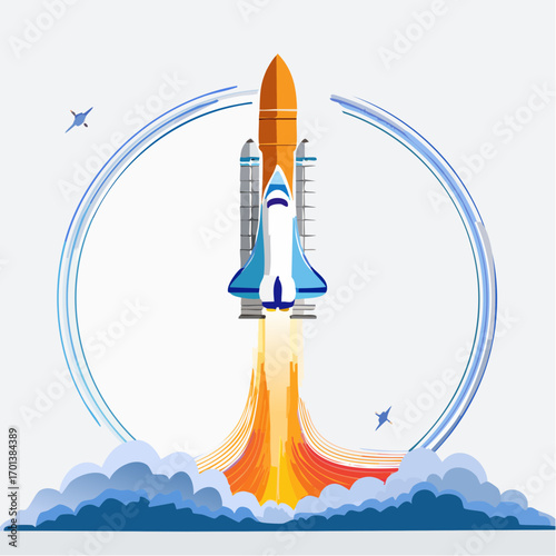 Epic vector illustration of a space shuttle flying upwards, with fiery exhaust and swirling clouds, symbolizing exploration and progress