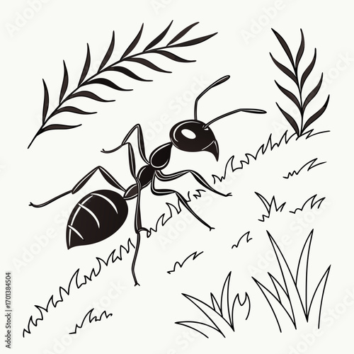 Illustration of an ant walking through grass and leaves