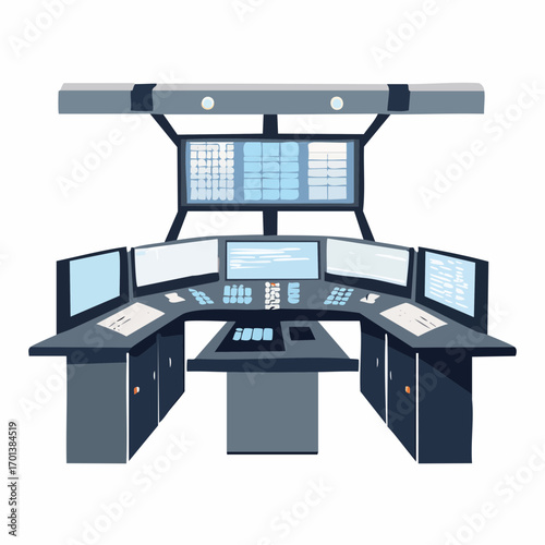 A vector illustration of a sophisticated control room with multiple monitors, representing operations, technology, and oversight, perfect for diverse applications