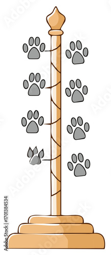 Cartoon progress tracker with paw prints on a wooden pole, symbolizing steps, goals, or milestones achievement