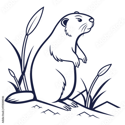 Cartoon Beaver Standing and Looking Upward with Grass Illustration