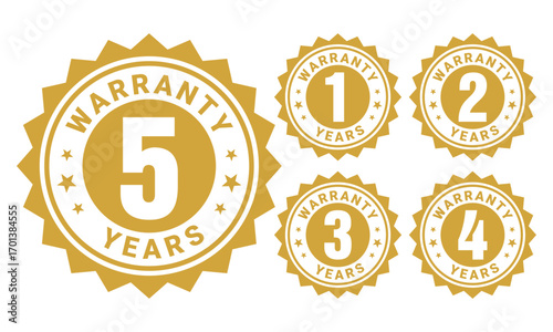 1 2 3 5 year warranty logo with golden shield vector template