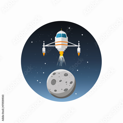 Vector Illustration of a Spaceship Flying and Landing on the Moon A Futuristic Flyby