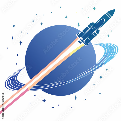 Vector illustration of a rocket flying past a planet with rings, capturing the fly and motion