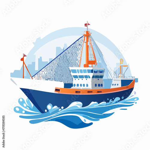 A modern commercial fishing trawler vector illustration depicts the ship flying through ocean waves with its large net ready to fly for a catch