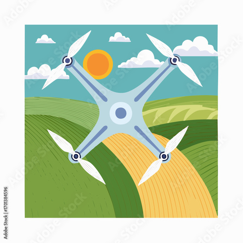 Vector illustration of a drone flying over a field, capturing an aerial view, showcasing its ability to fly and survey agricultural lands