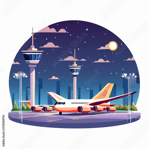 Night Airport Scene Vector Illustration of Airplane, Control Towers, and Cityscape