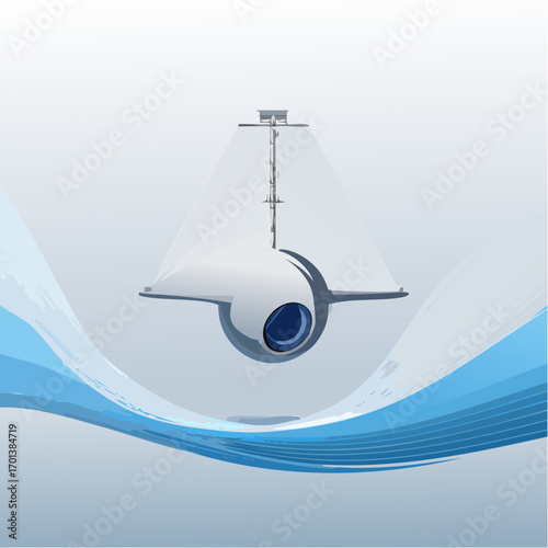 Cutting-edge vector design featuring an advanced aquatic drone, capable of seamless underwater operations and impressive aerial flight, actively flying and ready to fly above dynamic blue waves