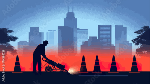 Construction worker operating road drill in cityscape