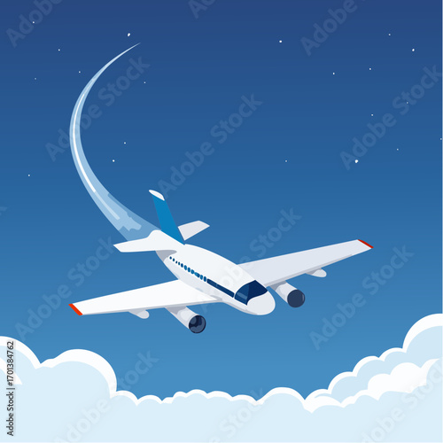 Vector illustration of a passenger jet ascending into the dark blue starry sky. The airplane flies above the clouds on its journey, symbolizing travel, aviation, and freedom