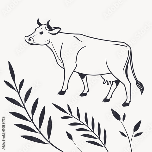 Farm Animal Cow Illustration with Natural Elements