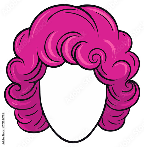 Cartoon face template with vibrant pink curly wig, pop art style illustration.