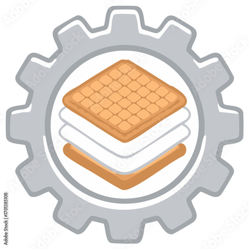 Industrial cogwheel icon with layered square components representing a system structure or configuration