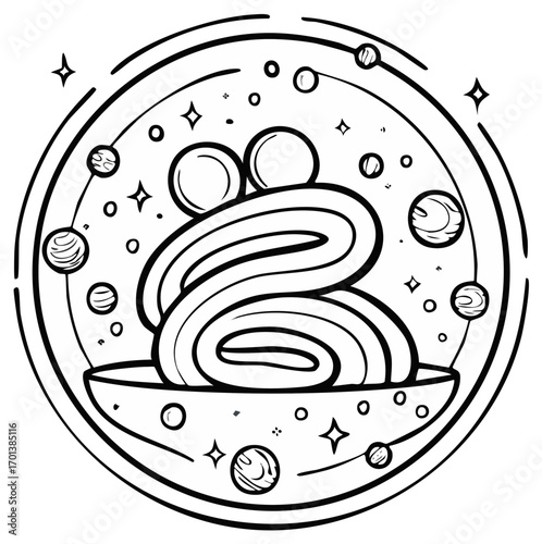 Outlined stylized cosmic dessert emblem with swirls, spheres, dots, and stars