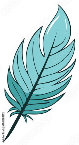 A stylized teal feather with a dark stem and detailed barbs rendered in a flat design style