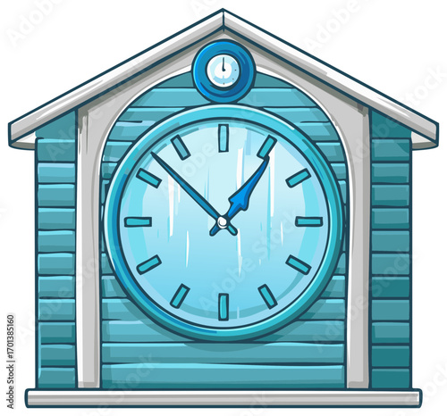 Funny Cartoon Timepiece with Hour and Minute Hand Mounted on a Blue Wood Building, Tick Tock Timing
