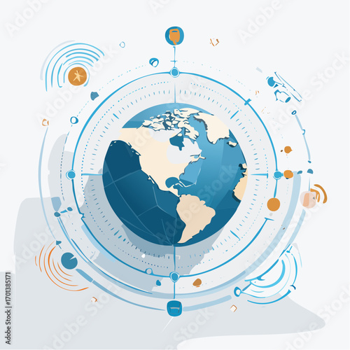 Futuristic digital interface showing a global network and data visualization around a stylized Earth globe. Concept of worldwide communication and technology