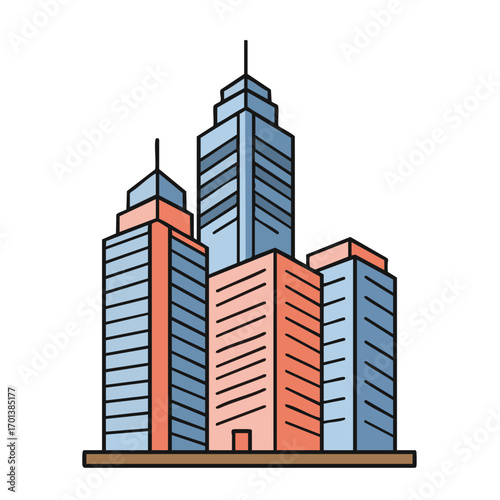 A vibrant, stylized illustration showcasing a modern city skyline with diverse skyscrapers and urban architecture, ideal for contemporary design projects.