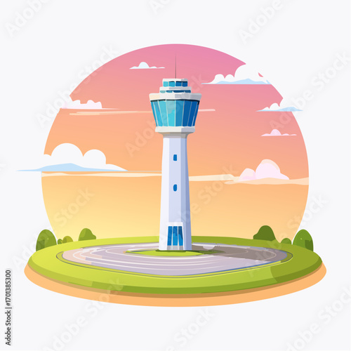Vector illustration of an airport control tower building with a panoramic glass cabin, set against a vibrant sunset sky. A symbol of air traffic management and aviation safety