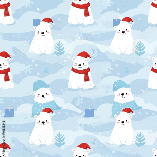 Seamless Christmas pattern with cute polar bears in winter landscape illustration, patern seamless, royalty stock.