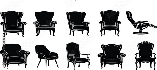 Silhouette armchair collection, vintage furniture icons, modern seating shapes, interior design elements, ergonomic chair styles, home decor inspiration, minimalist silhouettes