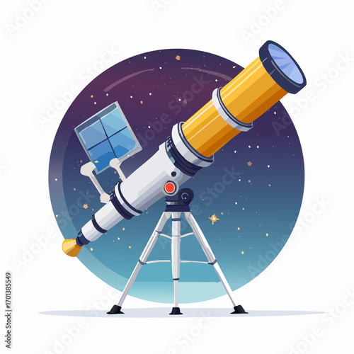 Detailed vector illustration of a yellow and white telescope with a solar panel and starry background